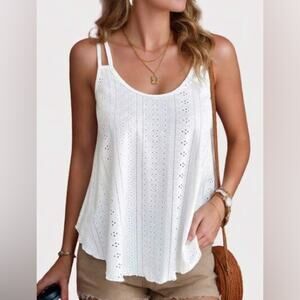 Eyelet Lace Stretch Spaghetti Strap Casual Tank Top White Medium